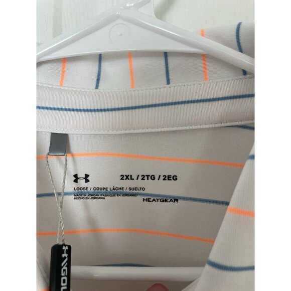 Men's Under Armour Kirkby Golf Polo Heat Gear Loose White Striped 2XL 2TG NWT - Picture 4 of 5